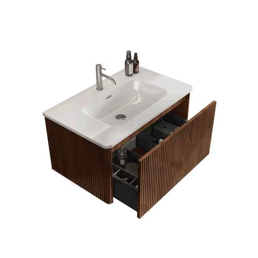 Striped Walnut Bathroom Vanity with White Ceramic Sink, Wall Mounted Floating Bathroom Vanity for Modern Bathroom, One-Piece White Basin without Drain and Faucet