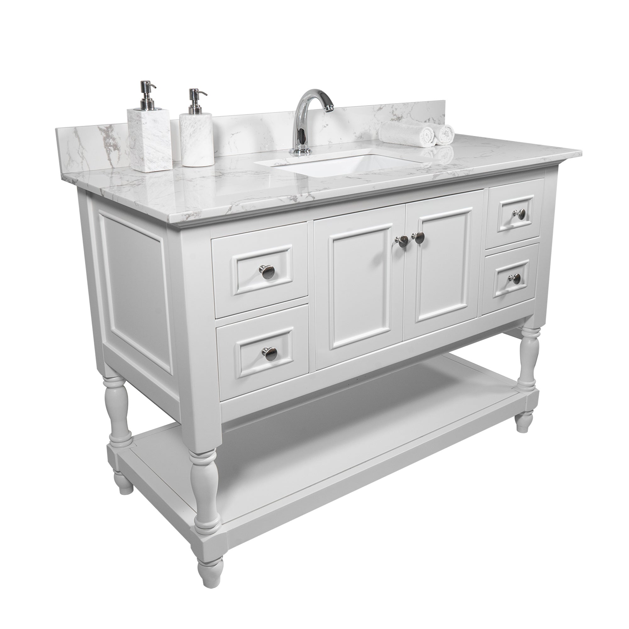 43''x22" bathroom stone vanity top engineered stone carrara white marble color with rectangle undermount ceramic sink and single faucet hole with back splash .