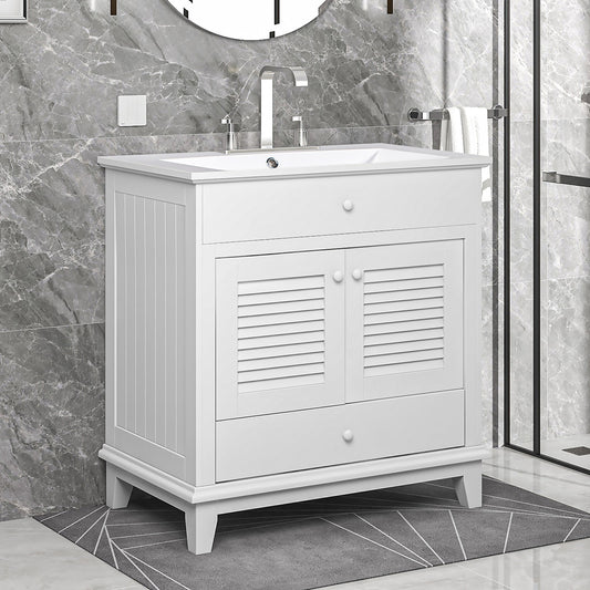 30" Bathroom Vanity with Sink; Bathroom Cabinet with Two Doors and One Drawer; White