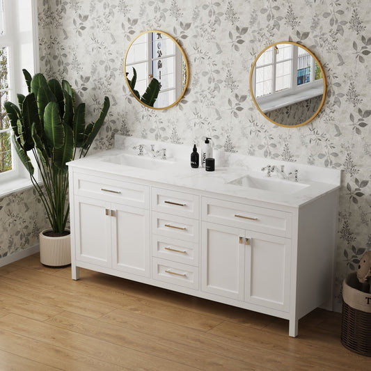 72" Vanity Sink Combo featuring a Marble Countertop, Bathroom Sink Cabinet, and Home Decor Bathroom Vanities - Fully Assembled White