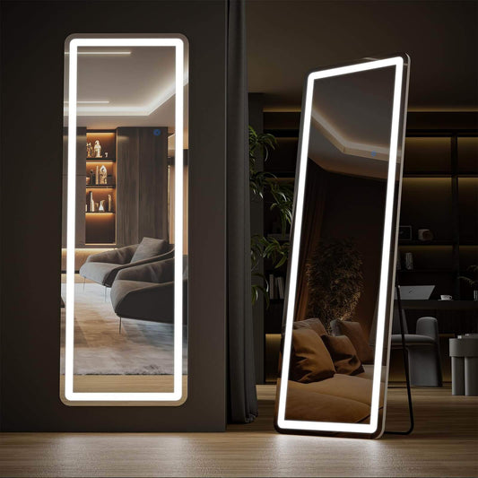21" * 64" 3 Color Lighting Mirror with LED Lights, 64"x21" Lighted Floor Standing Mirror with Stand