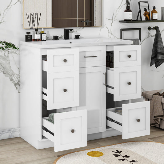 36" Modern White Freestanding Bathroom Vanity Cabinet with Resin Integrated Basin - With 4 drawers 1 Soft-Close Door, Multi-Functional Storage