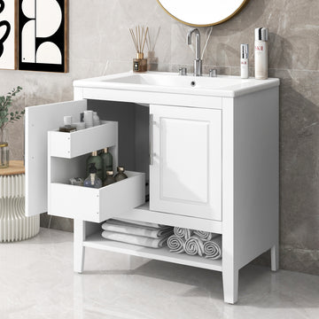 30\" Bathroom Vanity with Sink, Multi-functional Bathroom Cabinet with Doors and Drawers, Solid Frame and MDF Board