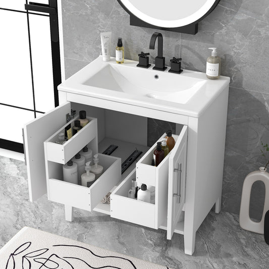 30\" Bathroom Vanity with Sink, Multi-functional Bathroom Cabinet with Doors and Drawers, Solid Frame and MDF Board