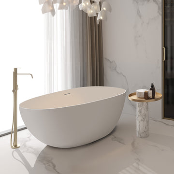 67" x 33.5" x 22.05" Flat bottom freestanding solid surface resin stone immersion bathtub;  soft white matte anti-skid