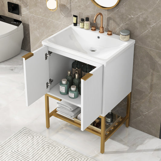 24" Bathroom Vanity with Sink, Bathroom Vanity Cabinet with Two Doors and Gold Metal Frame, Open Storage Shelf