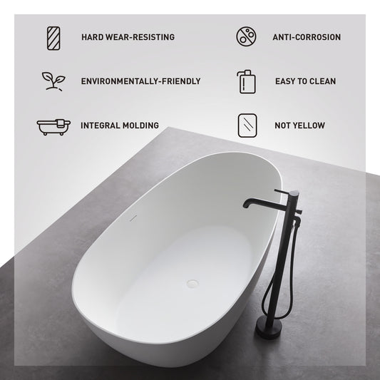 67" x 33.5" x 22.05" Flat bottom freestanding solid surface resin stone immersion bathtub;  soft white matte anti-skid