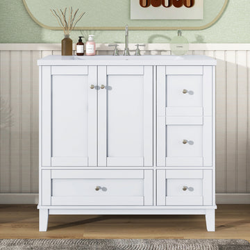 36" Modern Bathroom Vanity with USB Charging, Two Doors, Three Drawers, Single Sink - White & Gray Blue (Faucets Not Included)