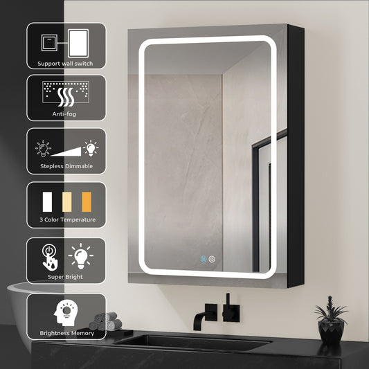 40 x 30 Inch Modern Black LED Bathroom Medicine Cabinet: Double Door, Lighted with Mirror Defogging & Dimmer